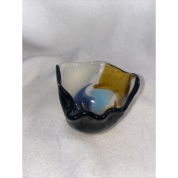 Mdina Ruffled Studio Art Blown Glass Bowl Jar Cup  Malta Italy Colorful - Picture 1 of 7